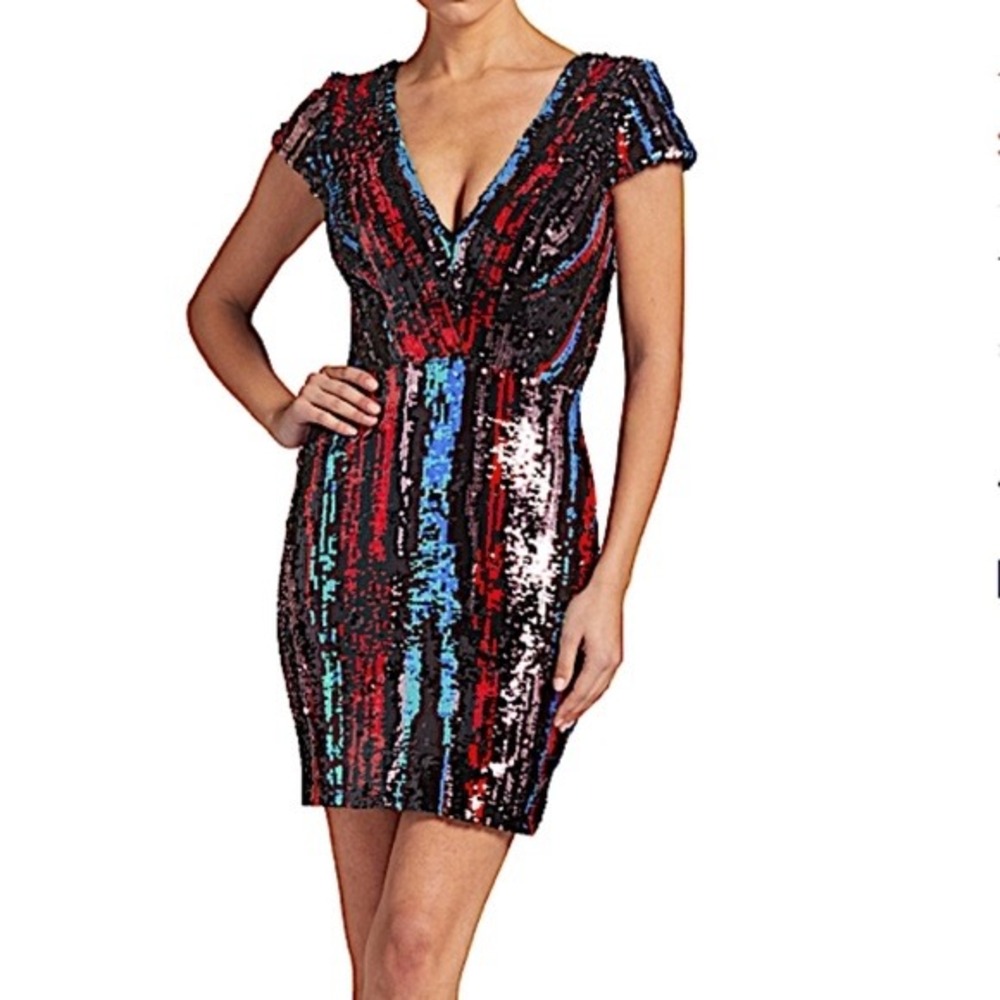 Dress The Population Zoe Plunging Sequin Cap Sleeve Mini Dress Size XS Multi